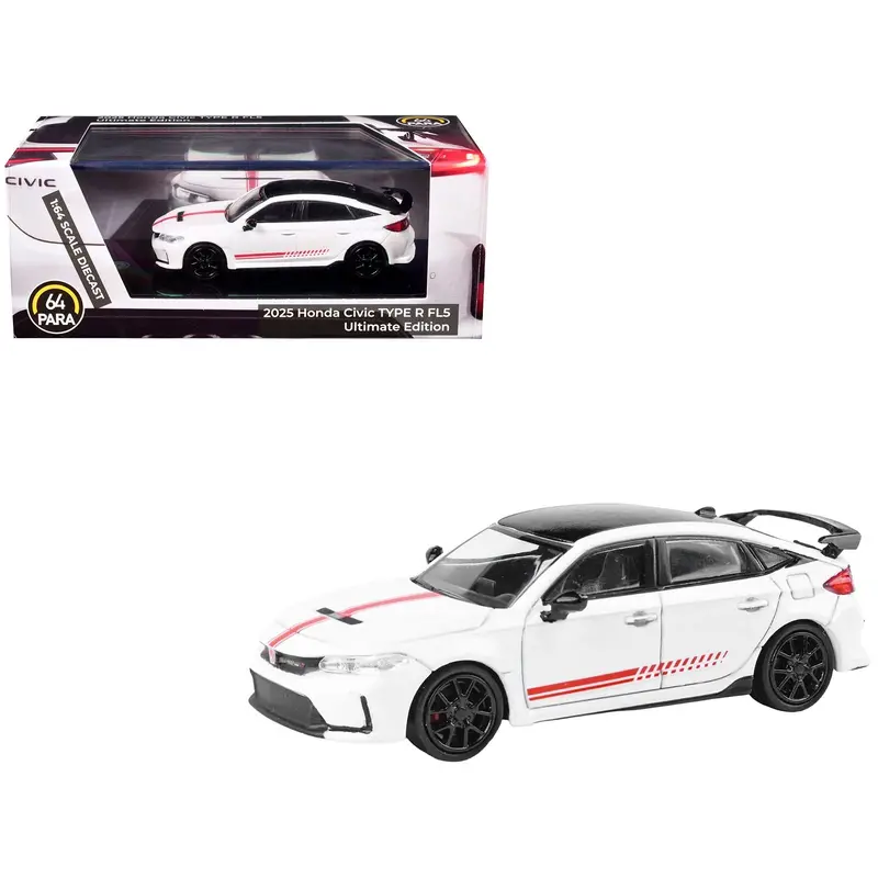 2025 Honda Civic Type R Fl5 "Ultimate Edition" White With Red Stripes And Black Top 1/64 Diecast Model Car By Paragon 1