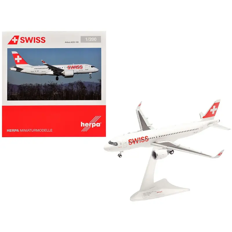 Airbus A220-100 Commercial Aircraft "Swiss International Air Lines" (Hb-Jbh) White With Red Tail 1/200 Diecast Model Airplane By Herpa 1