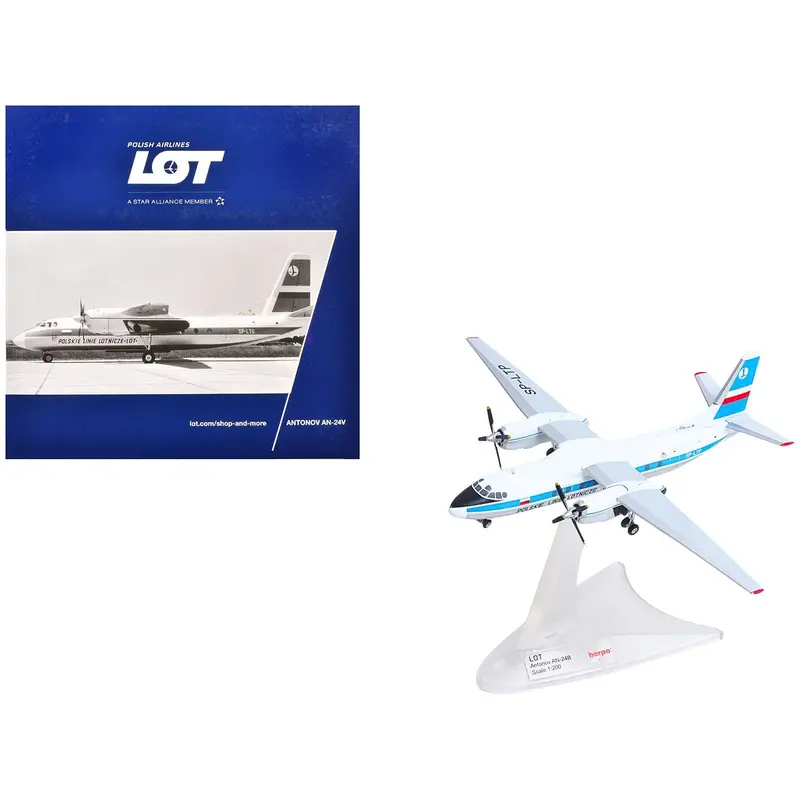 Antonov An-24V Commercial Aircraft "Lot Polish Airlines" (Sp-Ltp) White With Blue Stripes And Tail 1/200 Diecast Model By Herpa 1