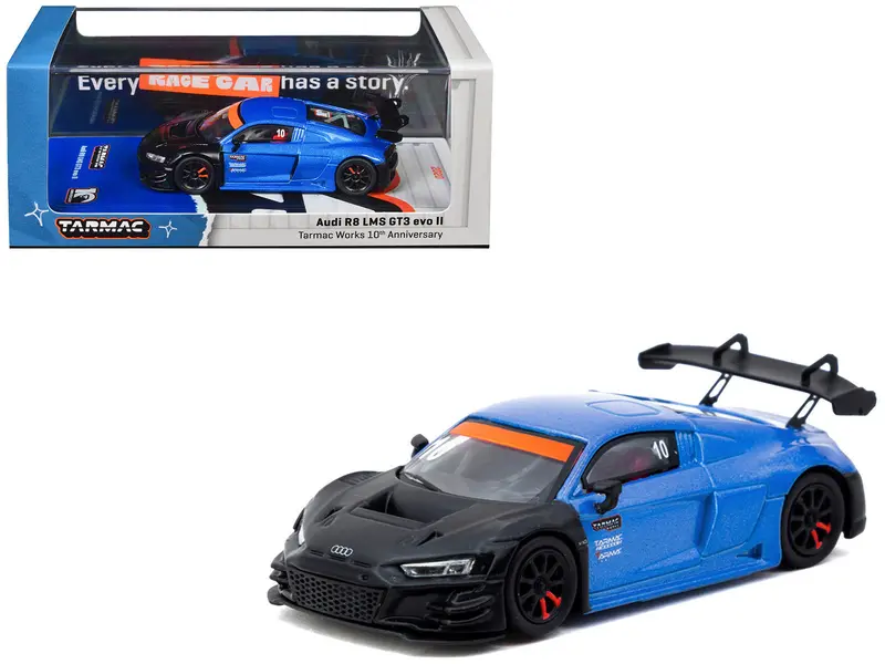 Audi R8 Lms Gt3 Evo Ii #10 "Tarmac Works 10Th Anniversary" Blue Metallic And Matt Black "Hobby64" Series 1/64 Diecast Model Car By Tarmac Works 1