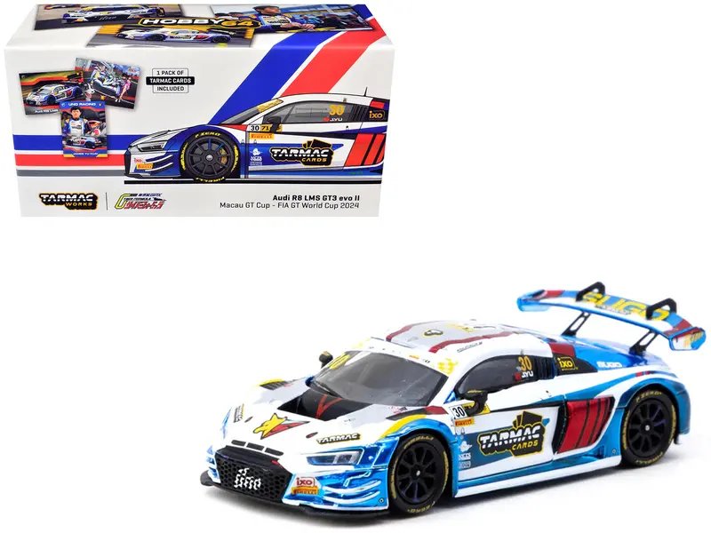 Audi R8 Lms Gt3 Evo Ii #30 James Yu "Uno Racing Team" "Macau Gt Cup - Fia Gt World Cup" (2024) With Plastic Transporter Packaging And Collectible Tarmac Cards "Hobby64" Series 1/64 Diecast Model Car By Tarmac Works 1
