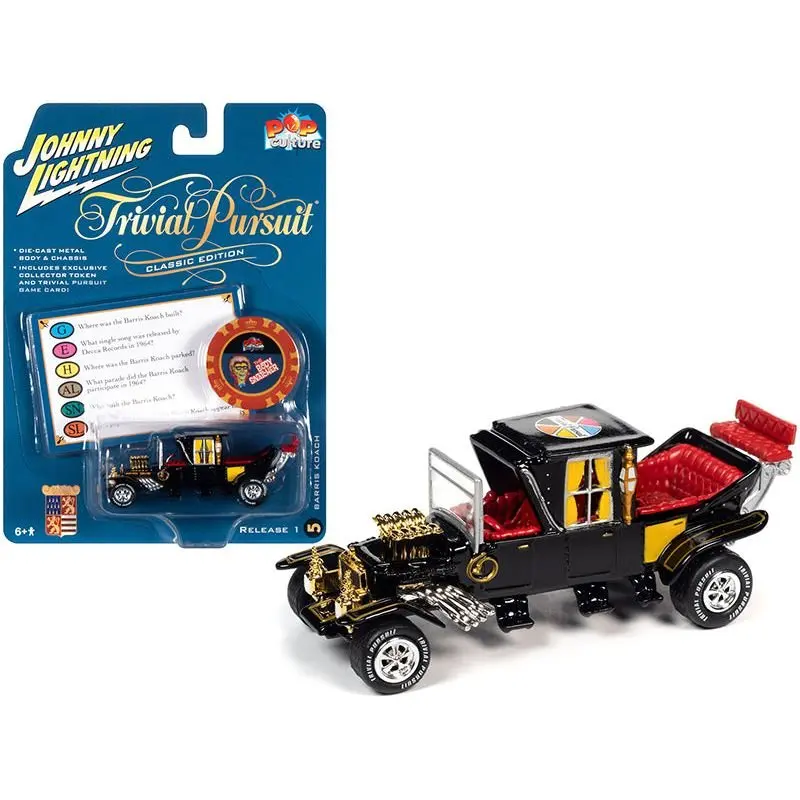 Barris Koach (George Barris) Black With Red Interior With Poker Chip (Collector Token) And Game Card "Trivial Pursuit" "Pop Culture" Series 1/64 Diecast Model Car By Johnny Lightning 1