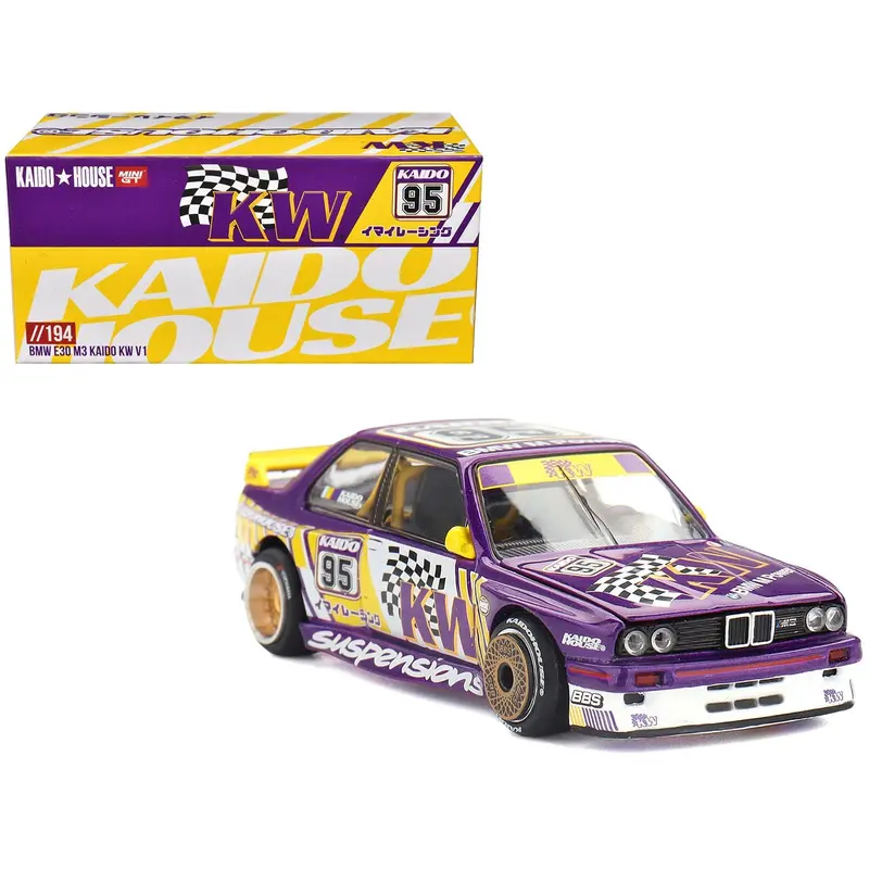 Bmw M3 "Kaido Kw V1" #95 Purple And Yellow With Graphics (Designed By Jun Imai) "Kaido House" Special 1/64 Diecast Model Car By Mini Gt 1