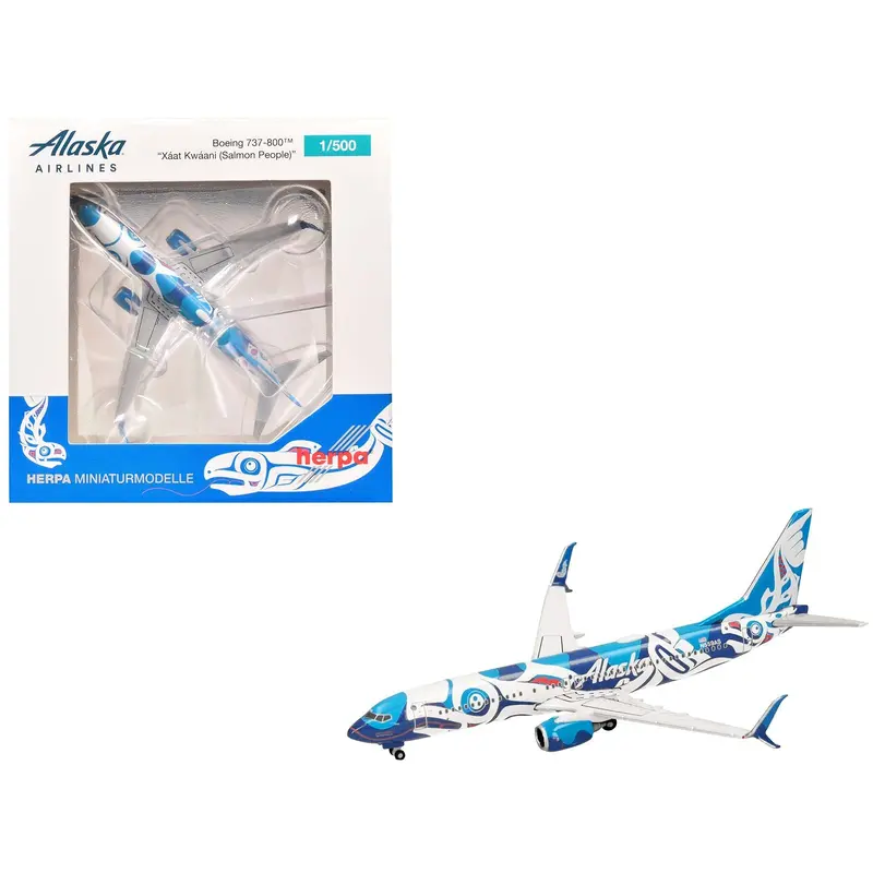 Boeing 737-800 Commercial Aircraft "Alaska Airlines - Salmon People Livery" (N559as) Blue And White 1/500 Diecast Model Airplane By Herpa 1