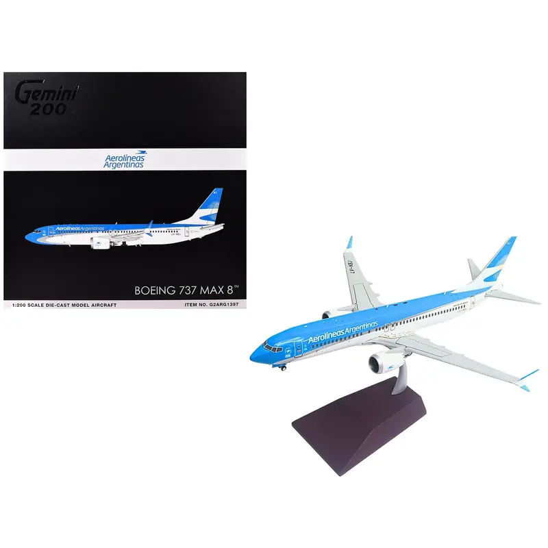 Boeing 737 Max 8 Commercial Aircraft "Aerolineas Argentinas" (Lv-Kej) White And Blue "Gemini 200" Series 1/200 Diecast Model Airplane By Geminijets 1