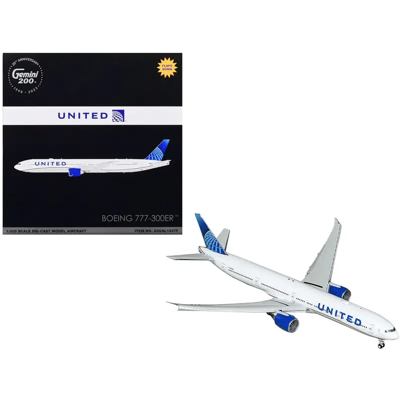Boeing 777-300Er Commercial Aircraft With Flaps Down "United Airlines" White With Blue Tail "Gemini 200" Series 1/200 Diecast Model Airplane By Geminijets 1