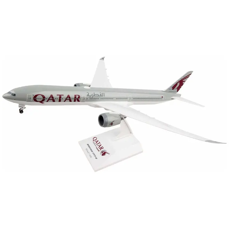 Boeing 777-9 Commercial Aircraft With Landing Gear "Qatar Airways" Gray With Tail Graphics (Snap-Fit) 1/200 Plastic Model By Skymarks 1