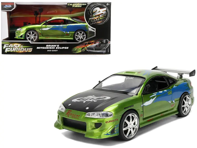 Brian's Mitsubishi Eclipse Green Brush Finish "The Fast And The Furious" (2001) Movie 25 Years Of Fast & Furious Anniversary 1/24 Diecast Model Car By Jada 1