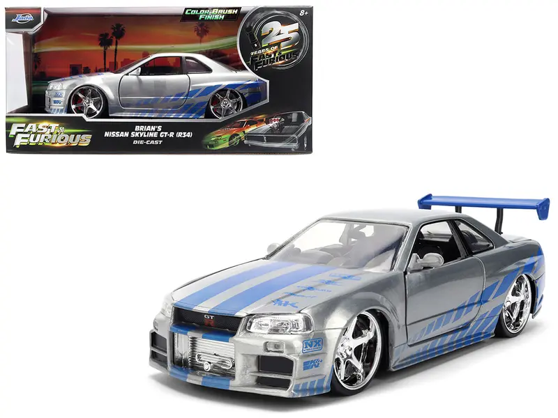 Brian's Nissan Skyline Gt-R (R34) Rhd (Right Hand Drive) Brush Finish  "2 Fast 2 Furious" (2003) Movie 25 Years Of Fast & Furious Anniversary 1/24 By Jada 1