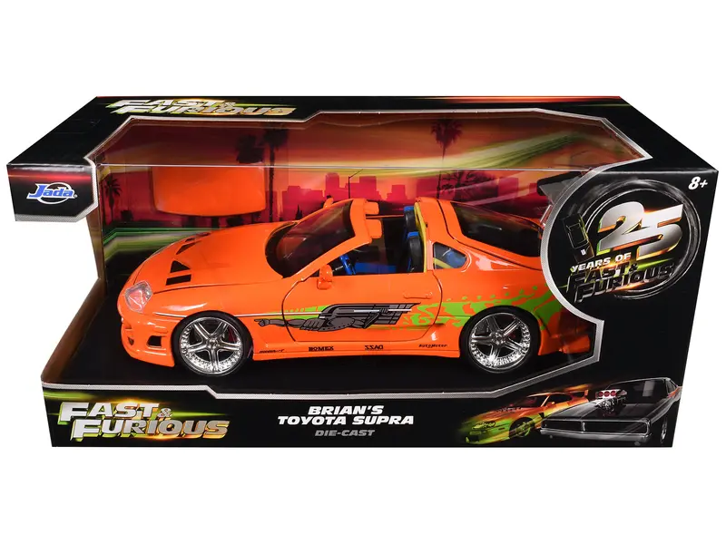 Brian's Toyota Supra Orange With Graphics "Fast & Furious 25Th Anniversary" Series 1/24 Diecast Model Car By Jada 1