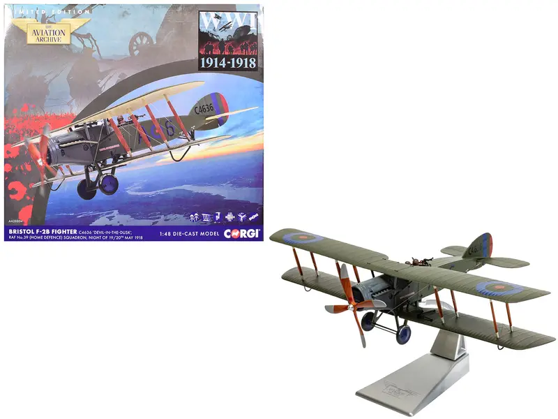 Bristol F-2B Fighter Aircraft "C4636 Devil-In-The-Dusk No. 39 Squadron" (1918) Royal Flying Corps "The Aviation Archive" Series 1/48 Diecast Model By Corgi 1