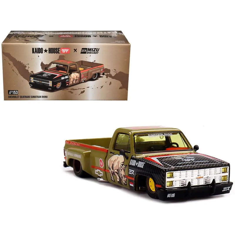 Chevrolet Silverado Dually Pickup Truck "Sumatran Rhino" Tan And Carbon With Graphics (Designed By Jun Imai) "Kaido House" Special 1/64 Diecast Model Car By Mini Gt 1