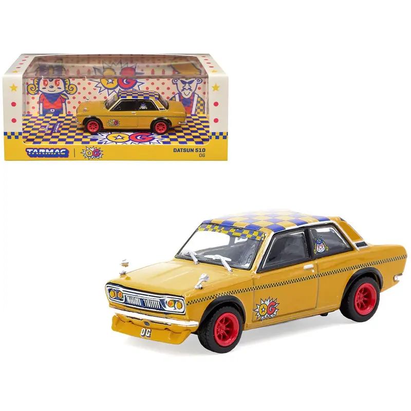 Datsun 510 "Og Beer" Yellow With Checkered Top "Hobby64" Series 1/64 Diecast Model Car By Tarmac Works 1