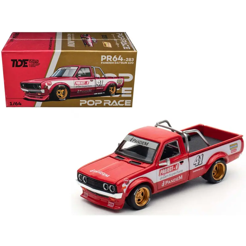 Datsun Pandem 620 Pickup Truck #41 Red Metallic With White Stripes And Graphics "2025 Thailand Diecast Expo" 1/64 Diecast Model Car By Pop Race 1