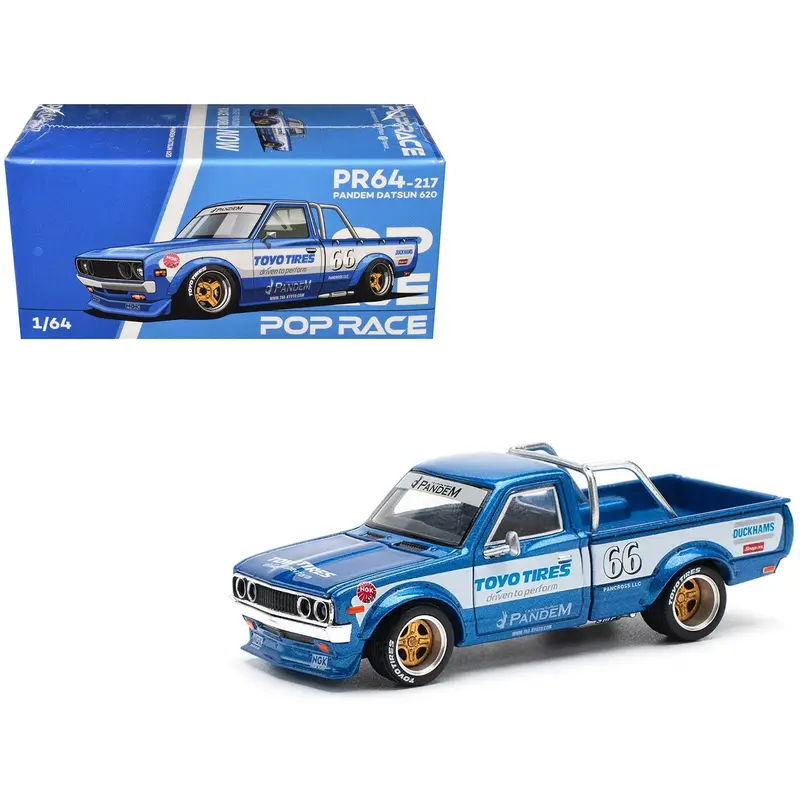Datsun Pandem 620 Pickup Truck #66 Blue Metallic With White Stripes And Graphics 1/64 Diecast Model Car By Pop Race 1