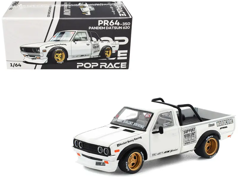 Datsun Pandem 620 Pickup Truck "Rocket Bunny Racing" White With Graphics 1/64 Diecast Model Car By Pop Race 1