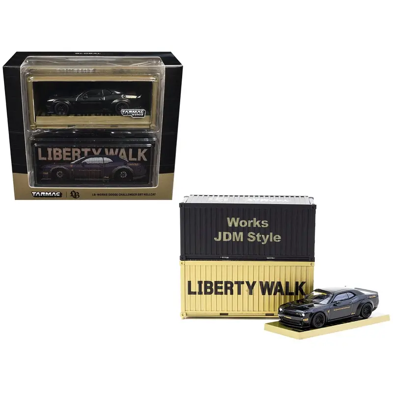 Dodge Challenger Srt Hellcat "Lb-Works - Liberty Walk" Black Metallic With Shipping Container Display Case "Global64" Series 1/64 Diecast Model Car By Tarmac Works 1