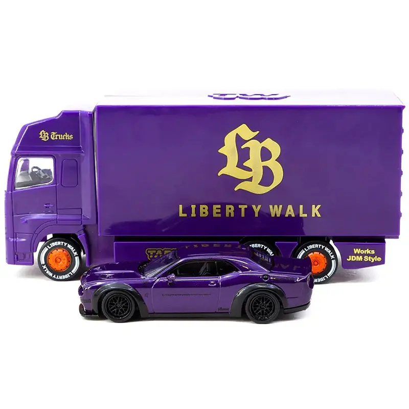 Dodge Challenger Srt Hellcat "Liberty Walk" Purple Metallic With Plastic Transporter Packaging "Global64" Series 1/64 Diecast Model Car By Tarmac Works 1