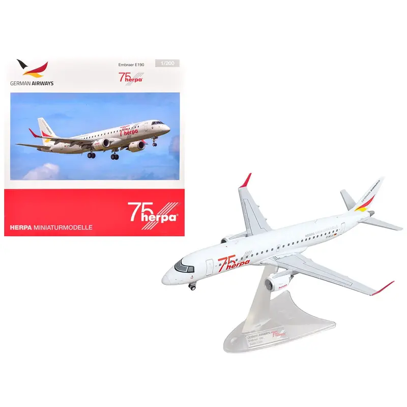 Embraer E190 Commercial Aircraft "German Airways - Herpa 75 Years" (D-Acjj) White With Graphics 1/200 Diecast Model By Herpa 1