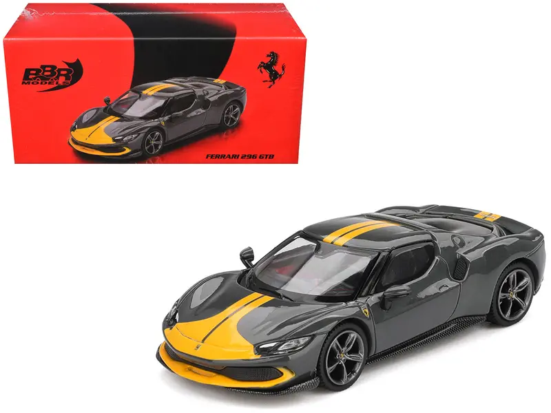 Ferrari 296 Gtb Assetto Fiorano Grigio Scuro (Dark Gray) With Yellow Stripes 1/64 Diecast Model Car By Bbr 1
