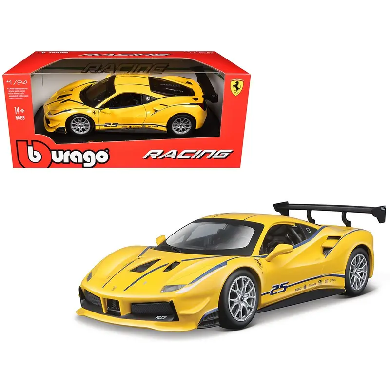 Ferrari 488 Challenge #25 Yellow With Blue Stripes "Ferrari Racing" 1/24 Diecast Model Car By Bburago 1
