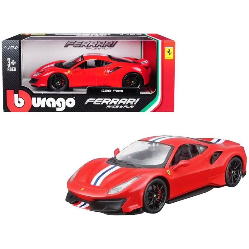 Ferrari 488 Pista Red With White And Blue Stripes 1/24 Diecast Model Car By Bburago 1