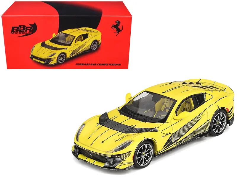 Ferrari 812 Competizione Matt Yellow With Graphics And Yellow Interior "Tailor Made" 1/64 Diecast Model Car By Bbr 1
