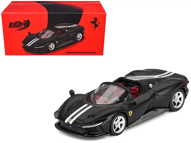 Ferrari Daytona Sp3 Matt Black With White Stripes And Red Interior 1/64 Diecast Model Car By Bbr 1