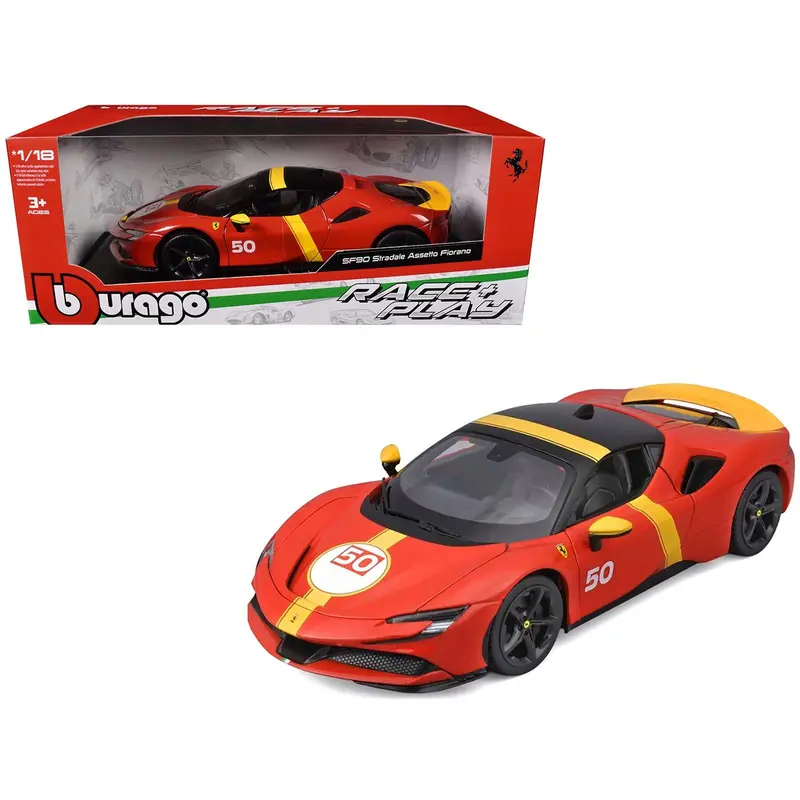 Ferrari Sf90 Stradale Assetto Fiorano #50 Red With Black Top And Yellow Stripes "Race + Play" Series 1/18 Diecast Model Car By Bburago 1
