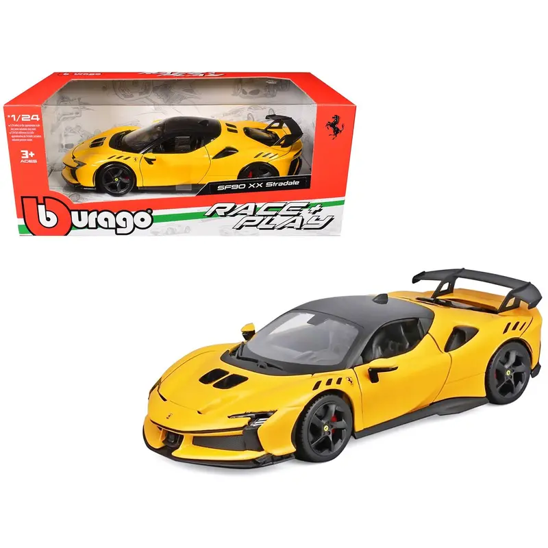 Ferrari Sf90 Xx Stradale Yellow With Black Top "Race And Play" Series 1/24 Diecast Model Car By Bburago 1