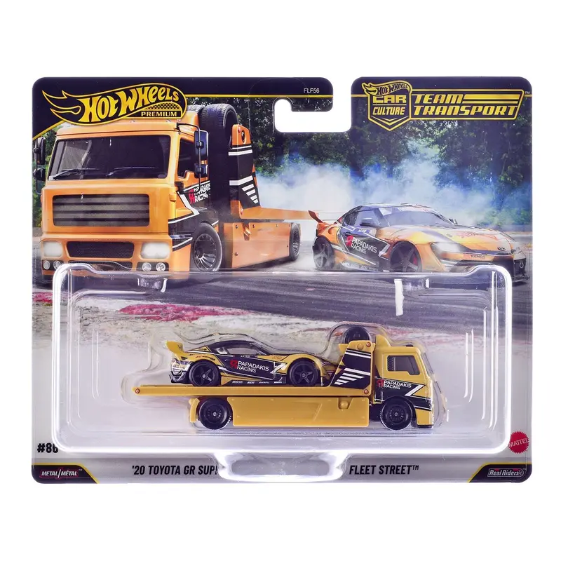 Fleet Street Flatbed Truck Yellow With Graphics And 2020 Toyota Gr Supra #15 Yellow With Black Graphics "Papadakis Racing" "Team Transport - Car Culture" Series Diecast Model Cars By Hot Wheels 1