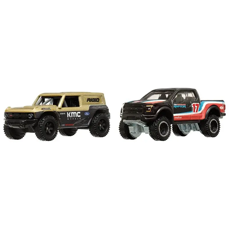 Ford Bronco R Gold Metallic And Black And 2017 Ford F-150 Raptor Pickup Truck #17 Black With Stripes "Car Culture" Set Of 2 Cars Diecast Model Cars By Hot Wheels 1