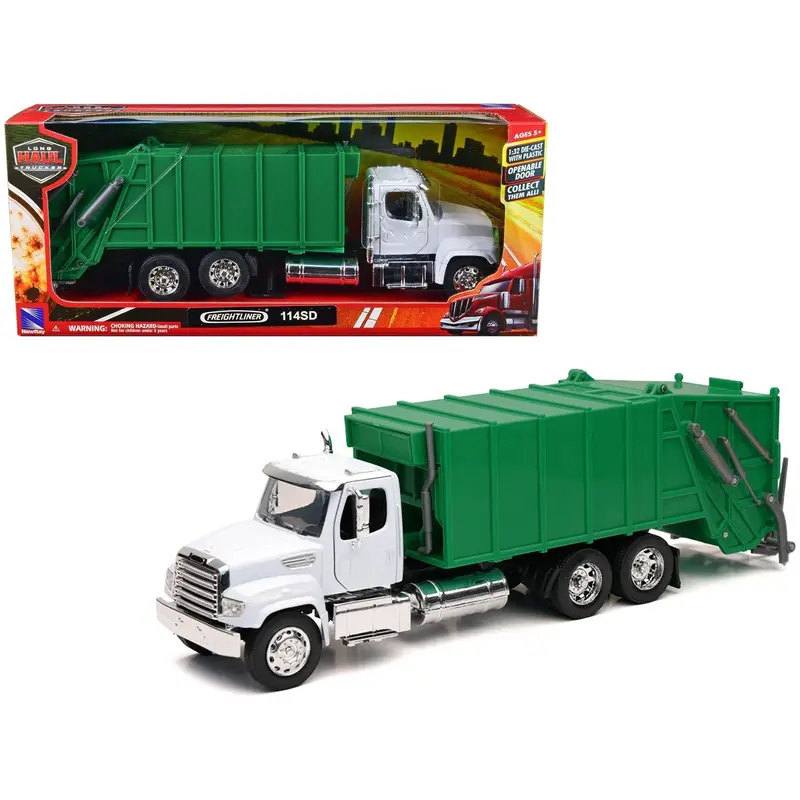 Freightliner 114Sd Garbage Truck White And Green "Long Haul Trucker" Series 1/32 Diecast Model By New Ray 1