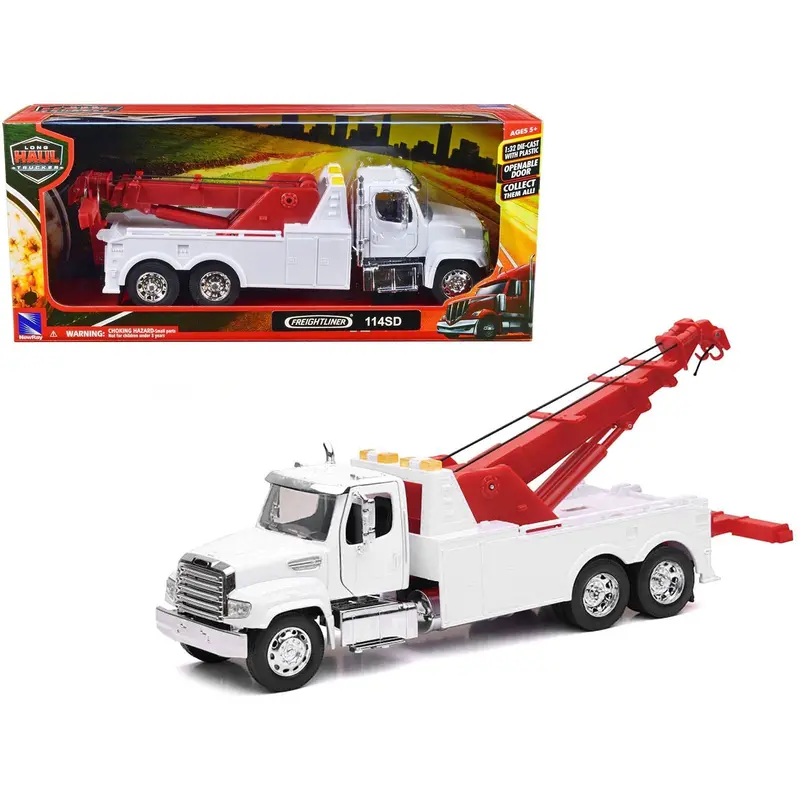Freightliner 114Sd Tow Truck White And Red "Long Haul Trucker" Series 1/32 Diecast Model By New Ray 1