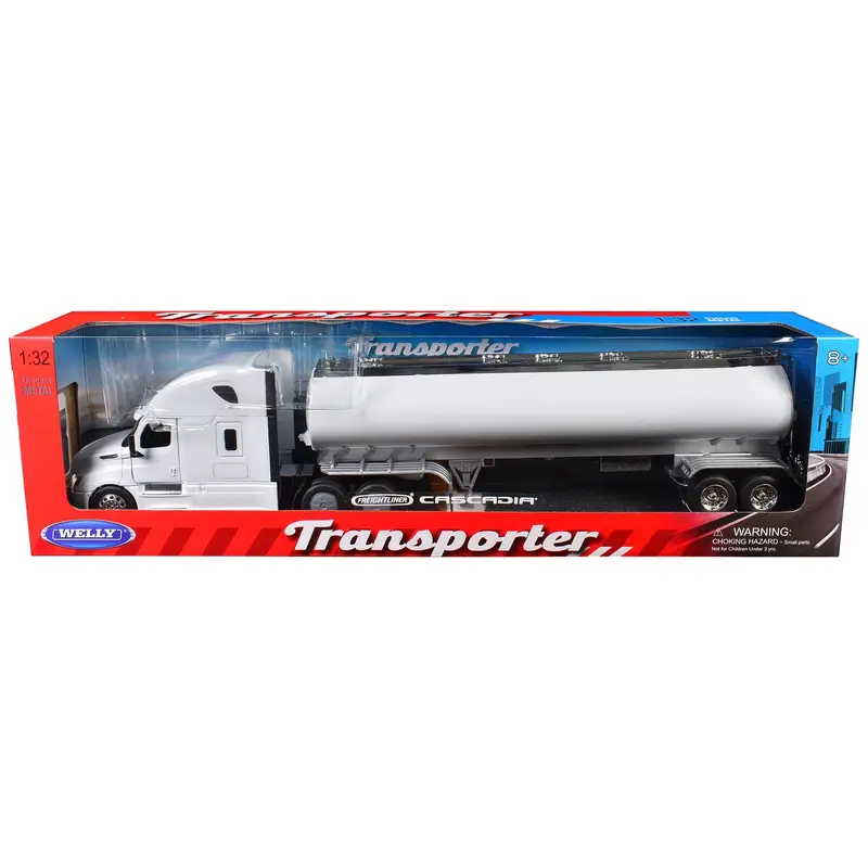Freightliner Cascadia Truck White With White Tanker Trailer "Transporter" Series 1/32 Diecast Model By Welly 1