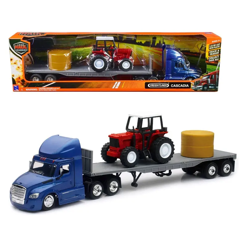 Freightliner Cascadia With Flatbed Trailer Blue With Farm Tractor Red And Hay Bales "Long Haul Trucker" Series 1/43 Diecast Model By New Ray 1