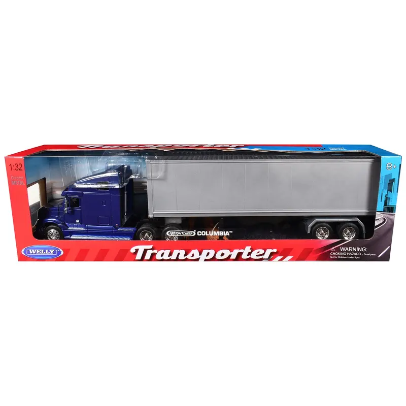 Freightliner Columbia Truck Blue With Gray Container 1/32 Diecast Model By Welly 1