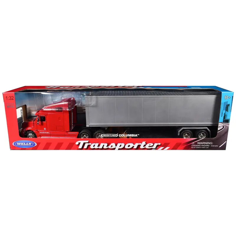 Freightliner Columbia Truck Red With Gray Container 1/32 Diecast Model By Welly 1