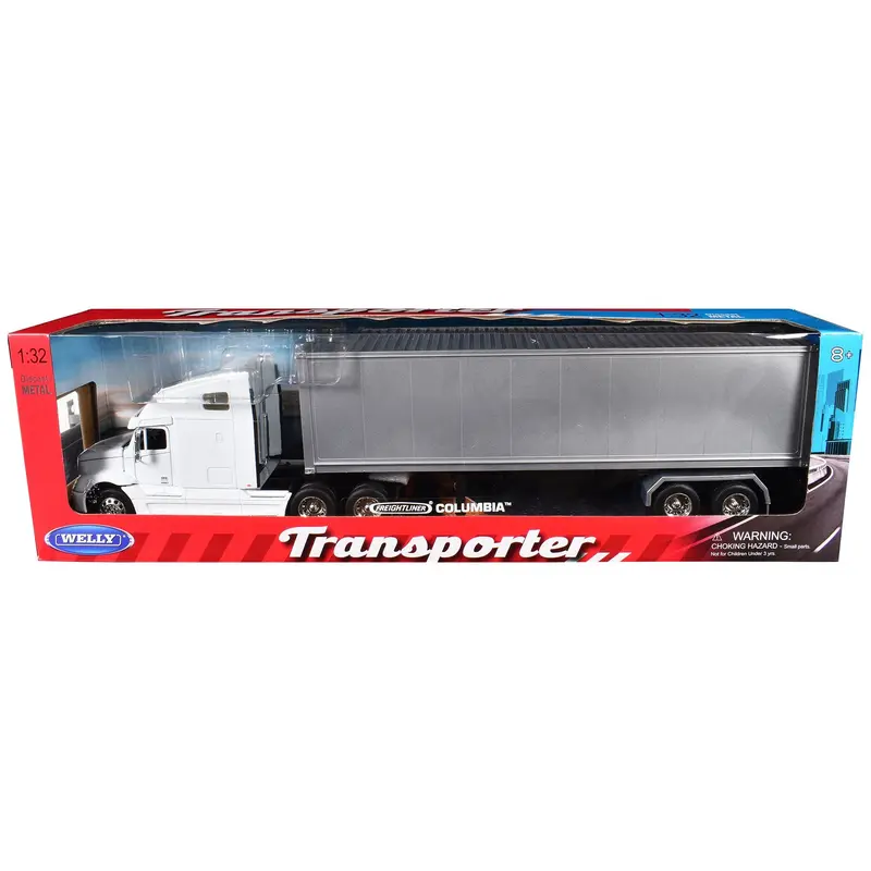 Freightliner Columbia Truck White With Gray Container 1/32 Diecast Model By Welly 1
