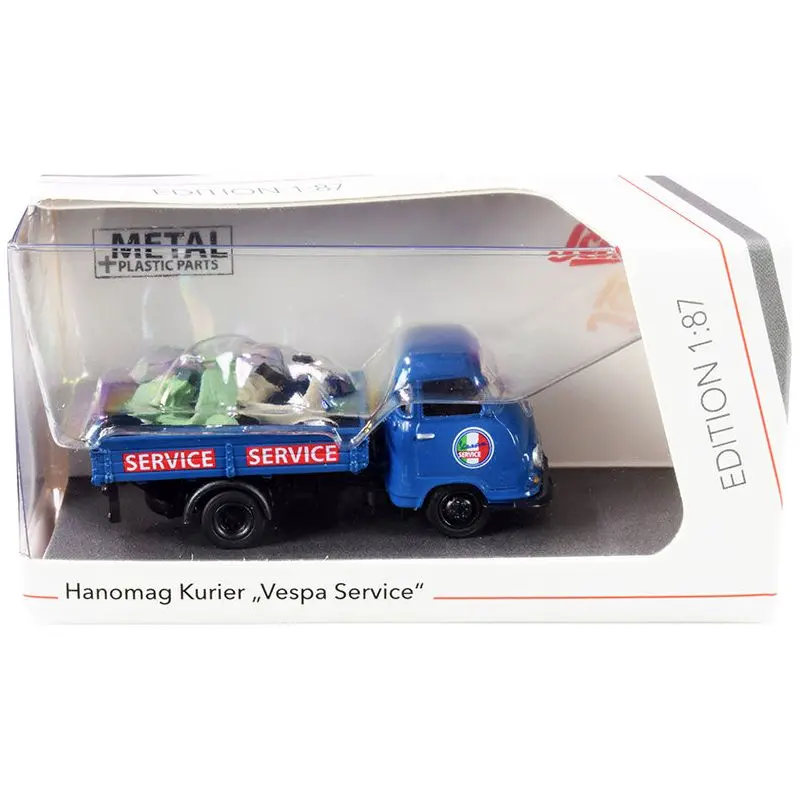 Hanomag Kurier Transporter "Vespa Service" Blue With 2 Vespas (Green And Cream) 1/87 (Ho) Diecast Models By Schuco 1