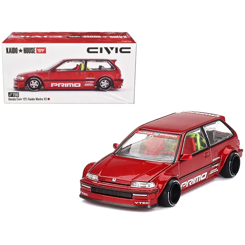 Honda Civic (Ef) "Kaido Works V2" Red Metallic With Graphics (Designed By Jun Imai) "Kaido House" Special 1/64 Diecast Model Car By Mini Gt 1