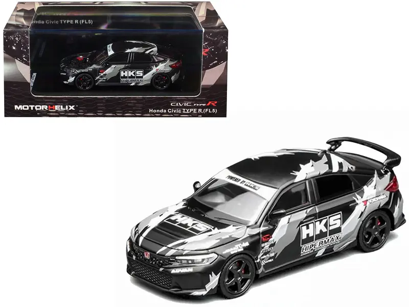 Honda Civic Type R (Fl5) Rhd (Right Hand Drive) "Hks" Matt Black With Graphics 1/64 Diecast Model Car By Motorhelix 1