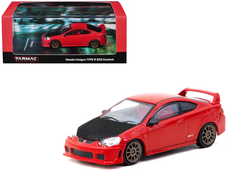 Honda Integra Type R Dc5 Custom Rhd (Right Hand Drive) Red With Carbon Hood "Road64" Series 1/64 Diecast Model Car By Tarmac Works 1