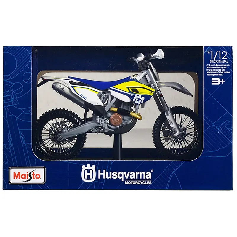 Husqvarna Fe 501 White And Blue With Yellow Stripes 1/12 Diecast Motorcycle Model By Maisto 1