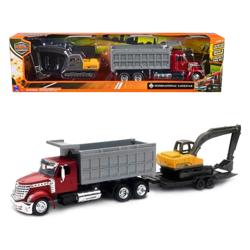 International Lonestar Dump Truck Red And Tracked Excavator Yellow With Flatbed Trailer "Long Haul Truckers" Series 1/43 Diecast Model By New Ray 1