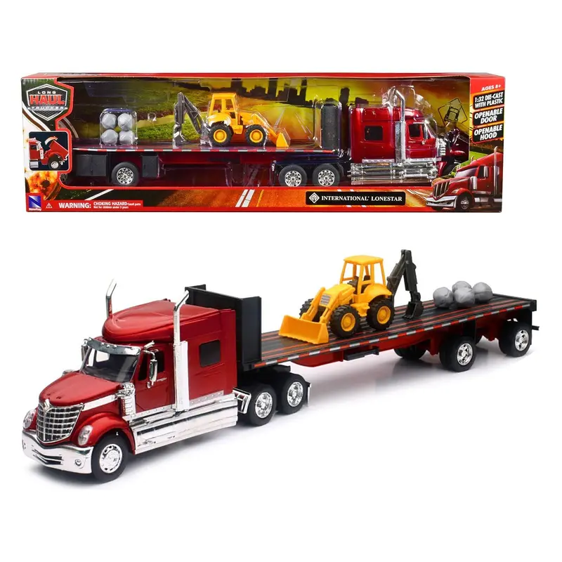 International Lonestar Truck With Flatbed Trailer Red Metallic With Front Loader And Rocks "Long Haul Truckers" Series 1/32 Diecast Model By New Ray 1