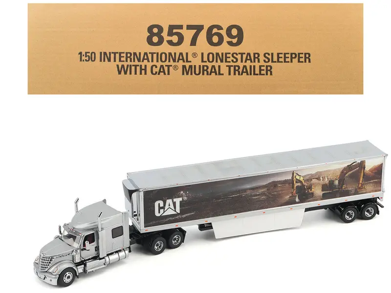 International Lonestar Truck With Sleeper Silver Metallic With "Cat Caterpillar" Mural Trailer "Transport Series" 1/50 Diecast Model By Diecast Masters 1