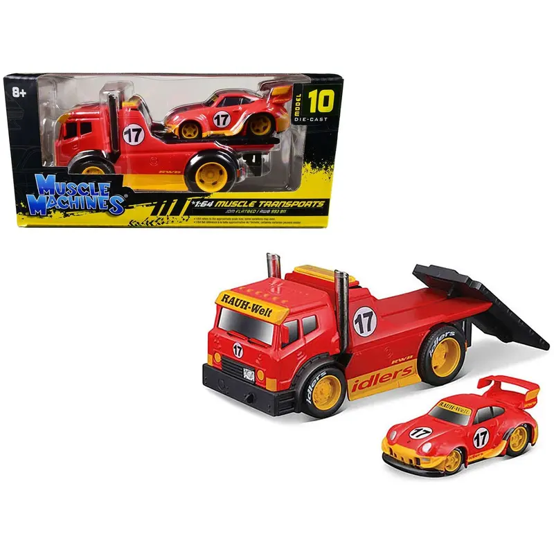 Jdm Flatbed Truck #17 Red "Rauh-Welt Begriff" And Porsche Rwb 911 993 #17 Red "Muscle Transports" Series 1/64 Diecast Model Cars By Muscle Machines 1