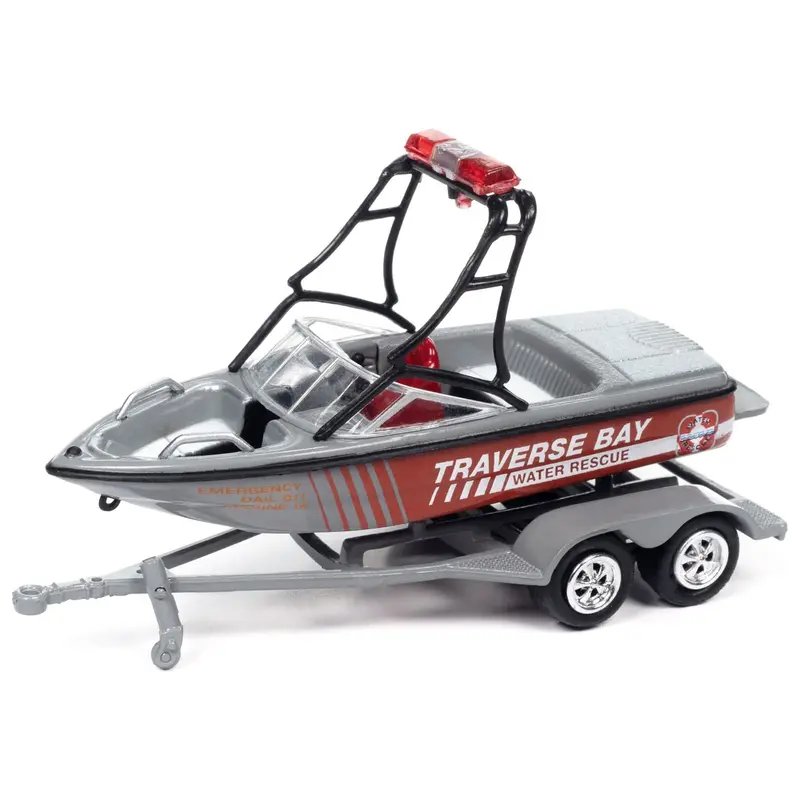 Jeep Cherokee Xj Red And Gray "Traverse Bay Water Rescue" With Boat And Trailer "Tow & Go" Series Limited Edition To 3528 Pieces Worldwide 1/64 Diecast Model Car By Johnny Lightning 1