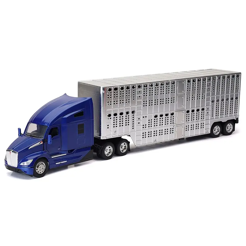 Kenworth T680 Truck Blue Metallic With Livestock Trailer Chrome "Long Haul Trucker" Series 1/32 Diecast Model By New Ray 1